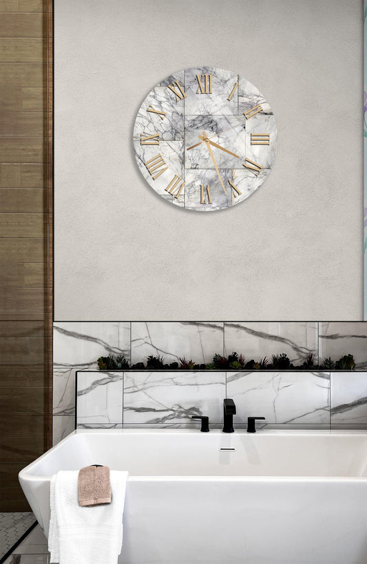 Marble Wall Clock - Tempered Glass, Round Design, Gold Hands, Elegant Decor