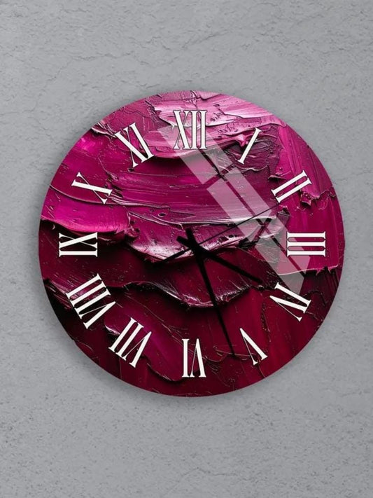six circular wall clocks with a pink and purple color scheme, each displaying a different time.