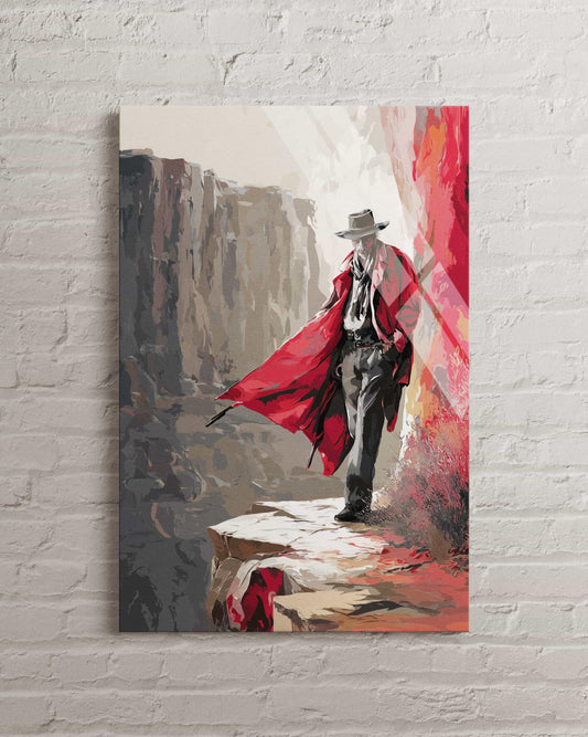Cowboy Glass Wall Art – Western Home Decor | Vibrant Red Coat Cowboy Print