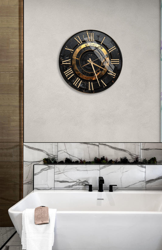 Black Gold Wall Clock – Tempered Glass Clock With Roman Numerals & Gold Hands