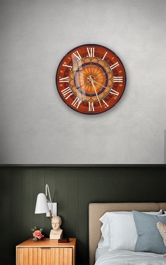 Boho Glass Wall Clock – Mandala Wall Art | Tempered Glass, Warm Colors Decor