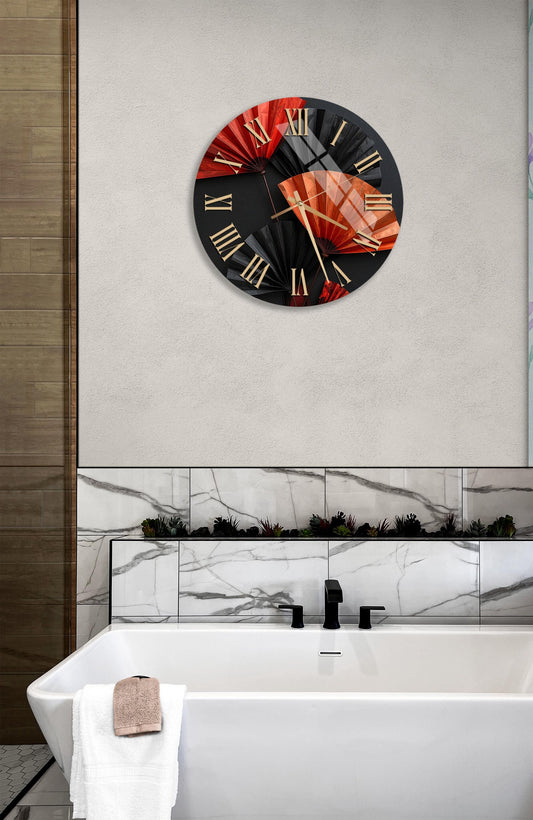 Tempered Glass Wall Clock - Asian Fan Design, Red Black Gold, Silent Sweep