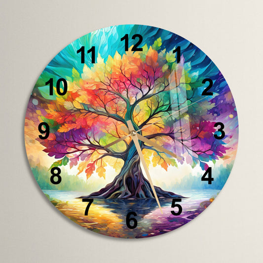a clock with a colorful tree painted on it