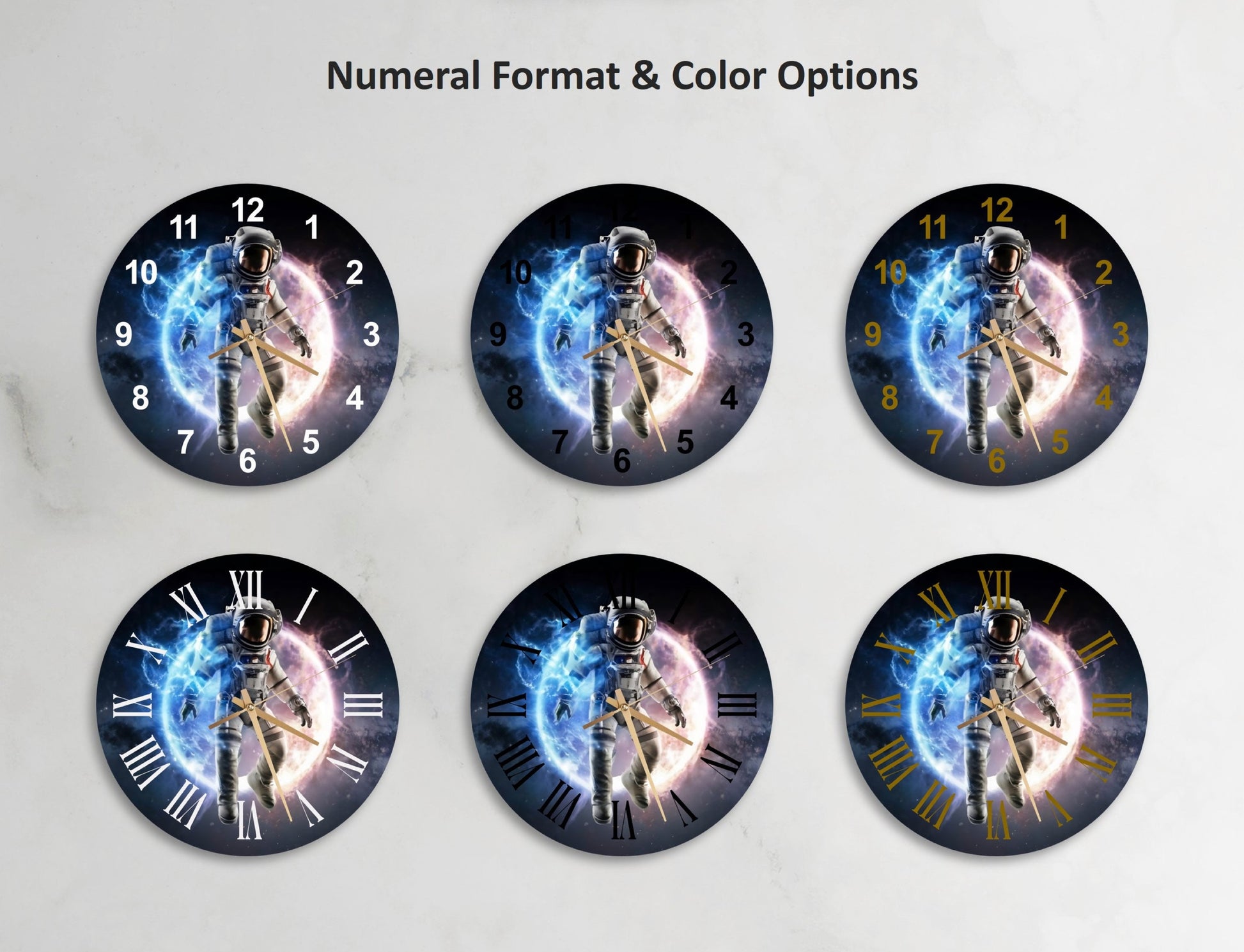 a set of four wall clocks with a picture of a woman holding a sword