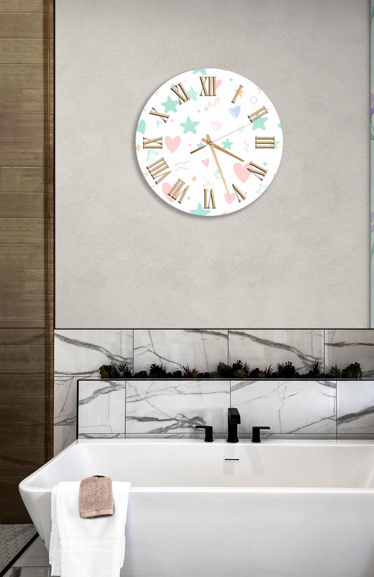 Tempered Glass Wall Clock – Pastel Hearts & Stars Design | Modern Decorative Clock