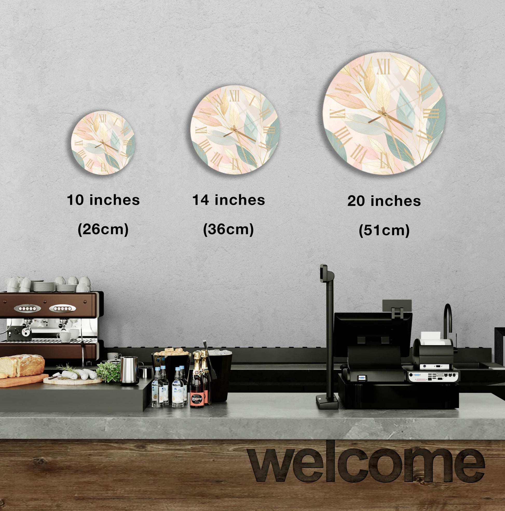 a counter with a cash register, a coffee machine, and a welcome sign. There are three clock faces of different sizes displayed on the wall above the counter.