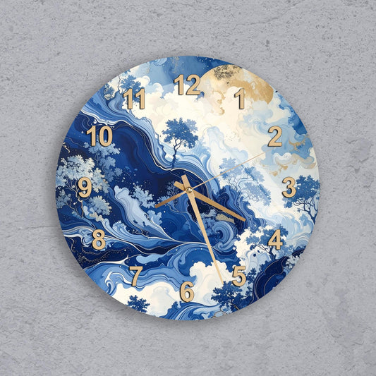A round wall clock with a blue and white swirling pattern, featuring gold numbers and hands.