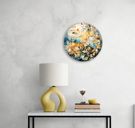 Tempered Glass Wall Clock – Tropical Botanical Floral Design, Modern Silent Decor
