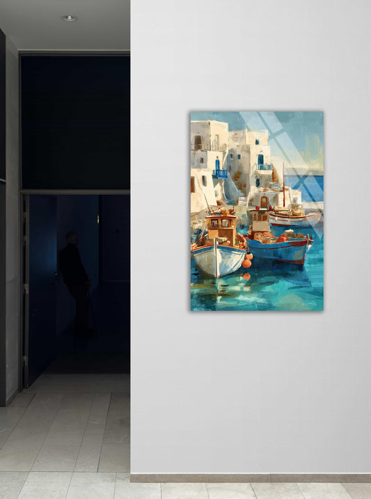 Nautical Tempered Glass Art - Mediterranean Coastal Wall Decor with Fishing Boats