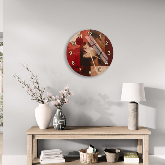 a wall clock with a portrait of a woman on it, hanging above a wooden table with a lamp and decorative items.