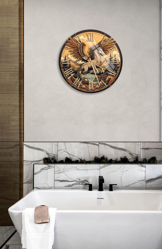 Tempered Glass Wall Clock – Pegasus Winged Horse Decor, Gold Hands, Fantasy Art
