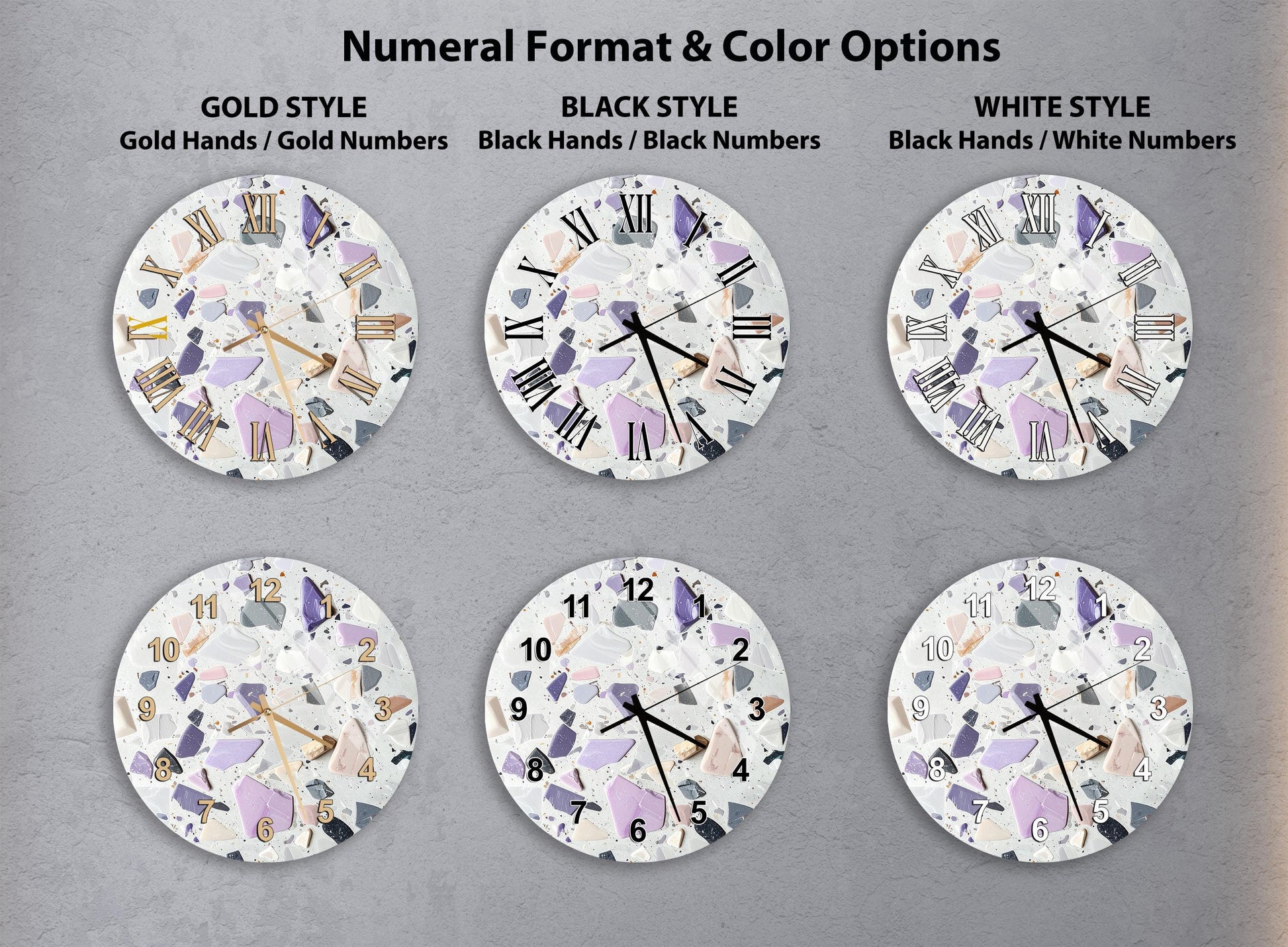 a collection of six different wall clocks, each with a unique design and color scheme. The clocks are arranged in a grid format, with two clocks in each row and two clocks in each column. The clocks feature various styles, including gold hands, gold numbers, black hands, black numbers, white hands, and white numbers. The clocks are set against a neutral gray background, allowing the colors and designs to stand out prominently.