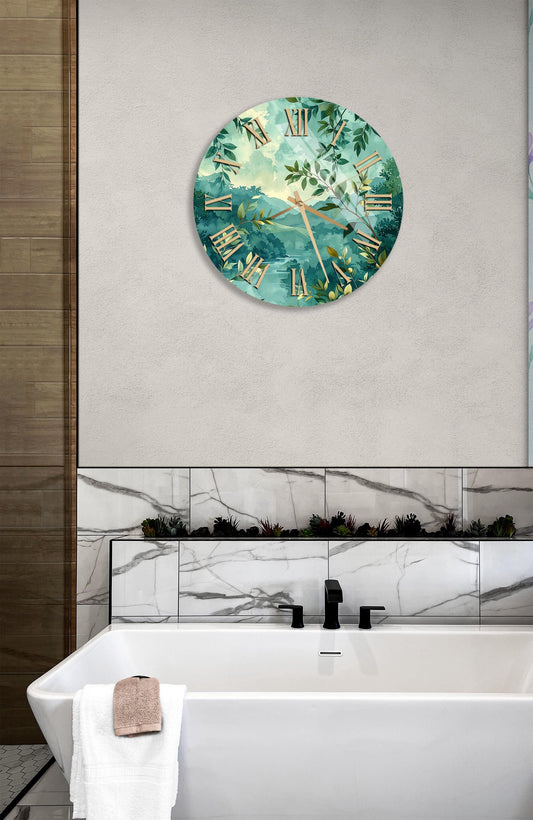 Tempered Glass Wall Clock – Green Botanical Design, Silent Sweep, Stylish Decor