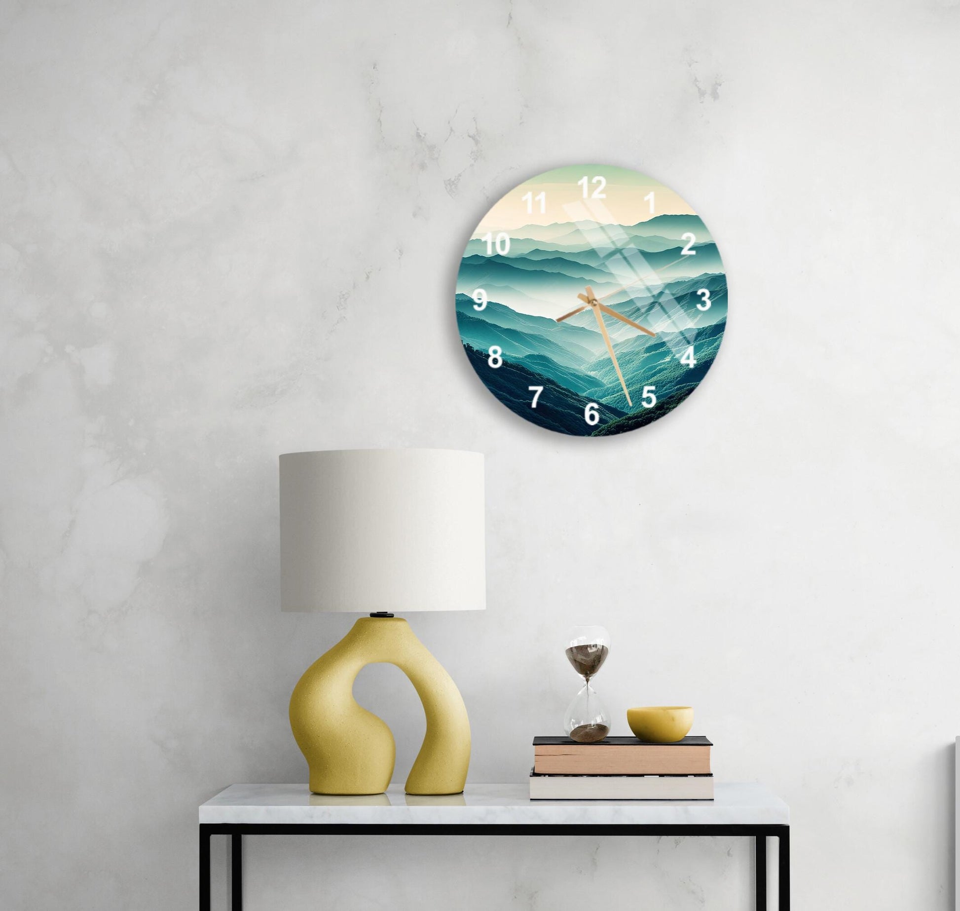 a table with a lamp and a clock on it
