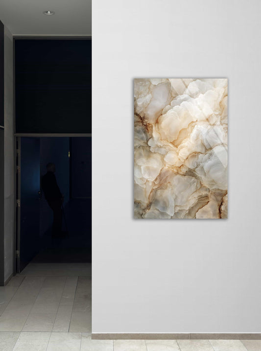 Tempered Glass Wall Art – Abstract Marble Cream Beige Print | Modern Minimalist Decor