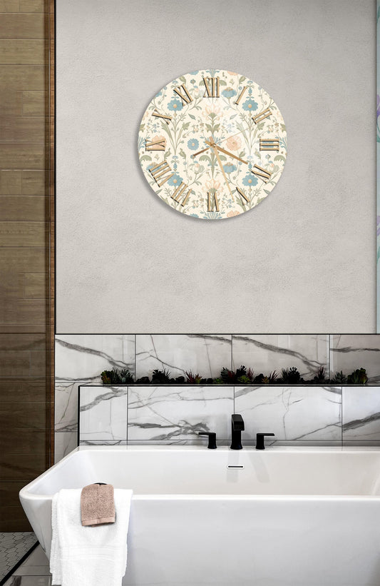 Tempered Glass Wall Clock – Floral Pastel Design in Beige Blue | Silent Sweep