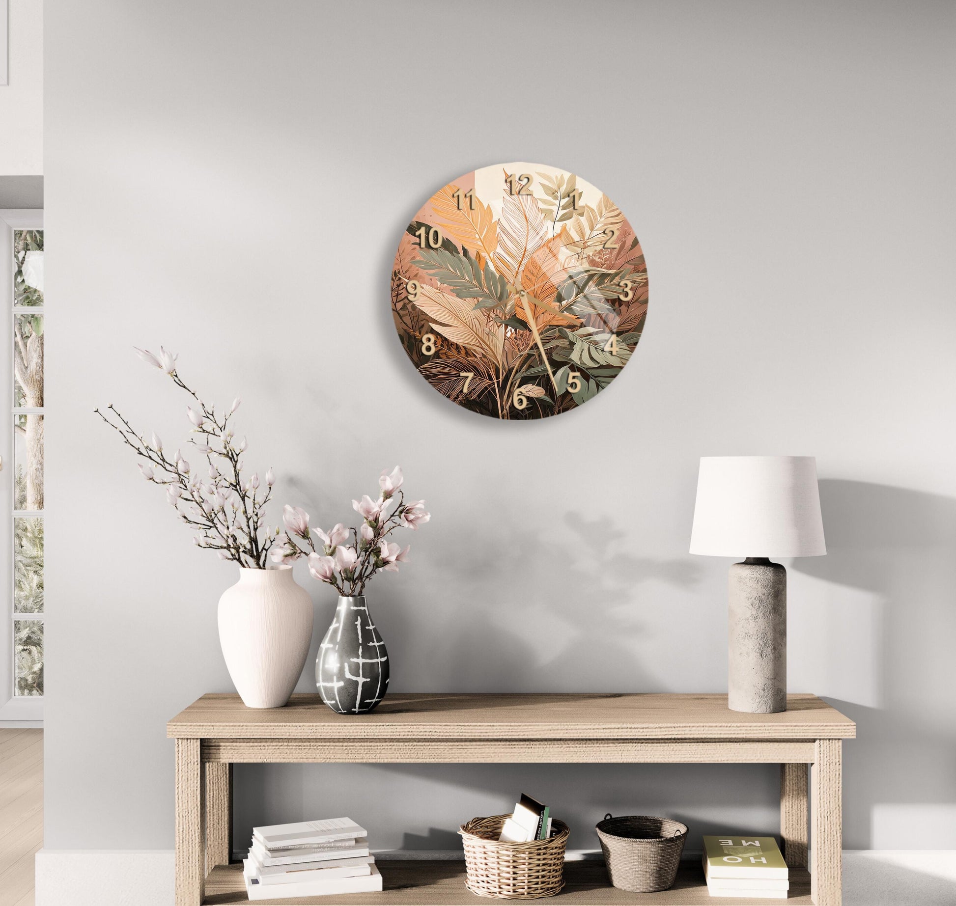 a table with a vase of flowers and a clock on the wall