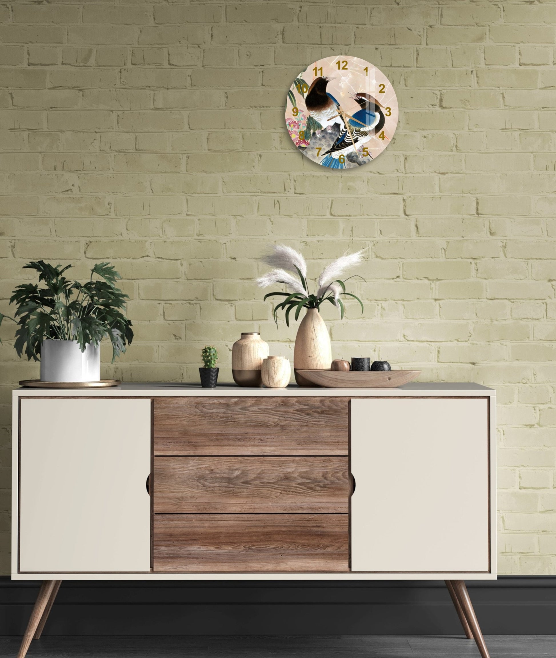 a white and brown sideboard with a clock on it