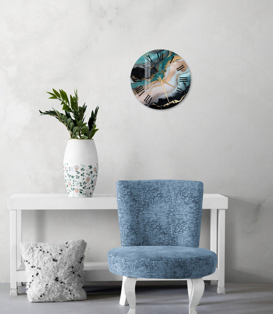 a blue chair sitting next to a white table