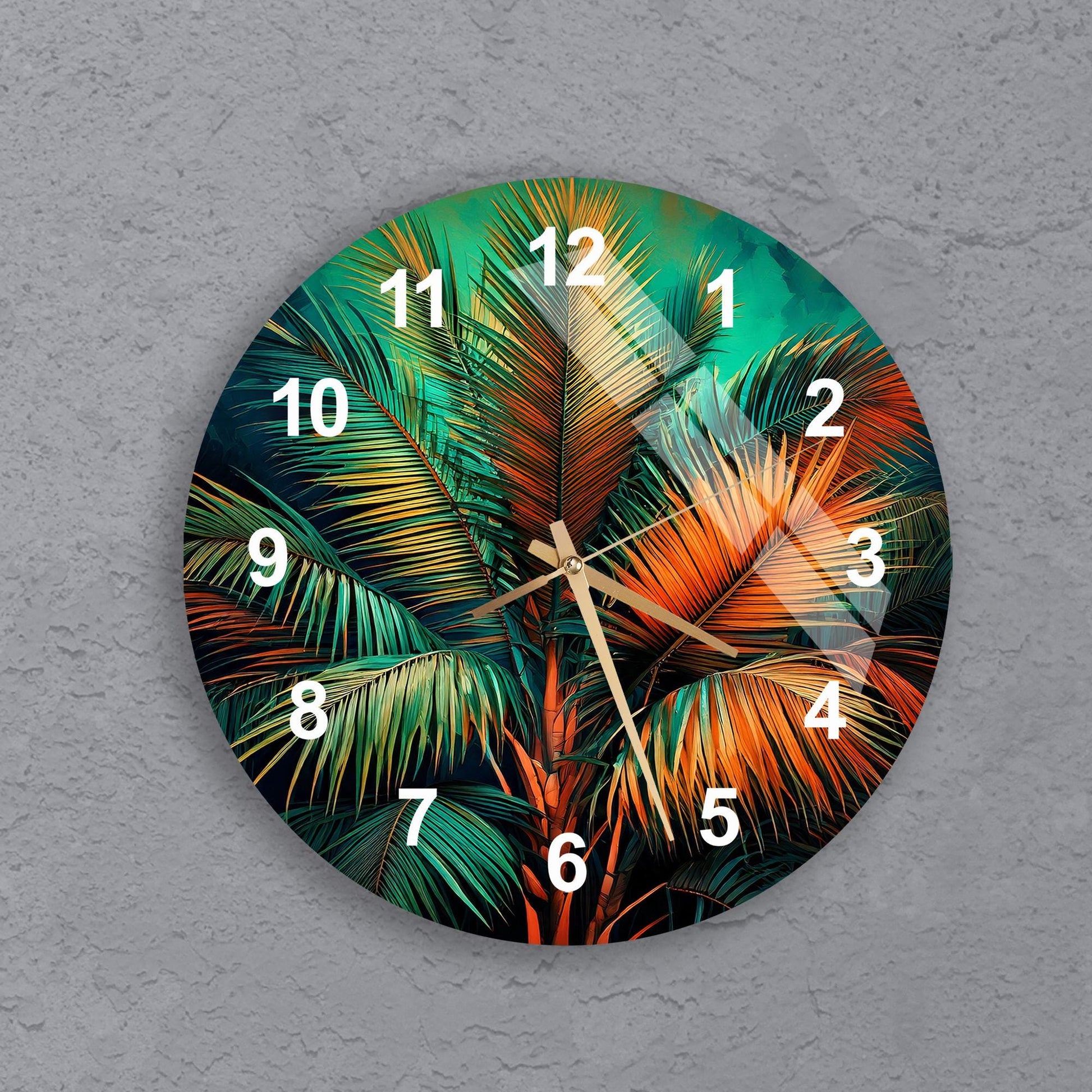 a clock on a wall with palm trees painted on it