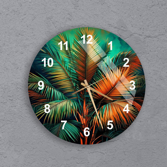 a clock on a wall with palm trees painted on it