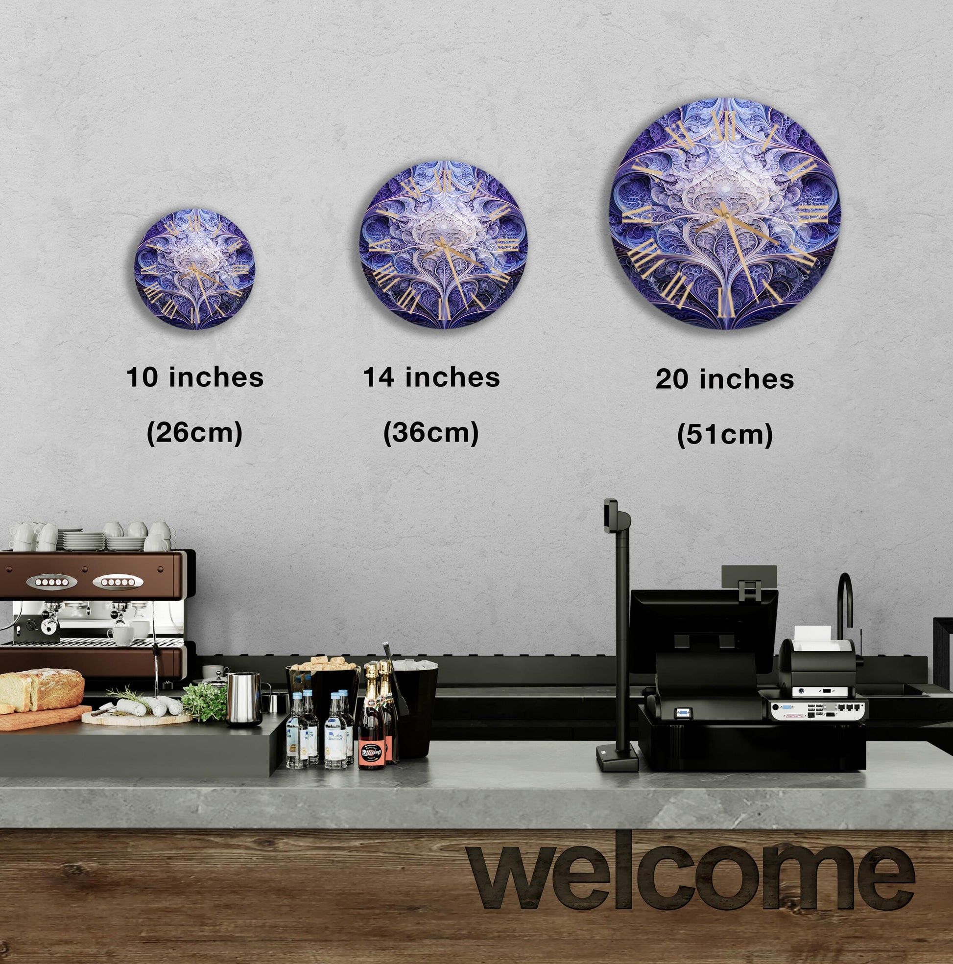 a kitchen counter with three clocks on the wall above it