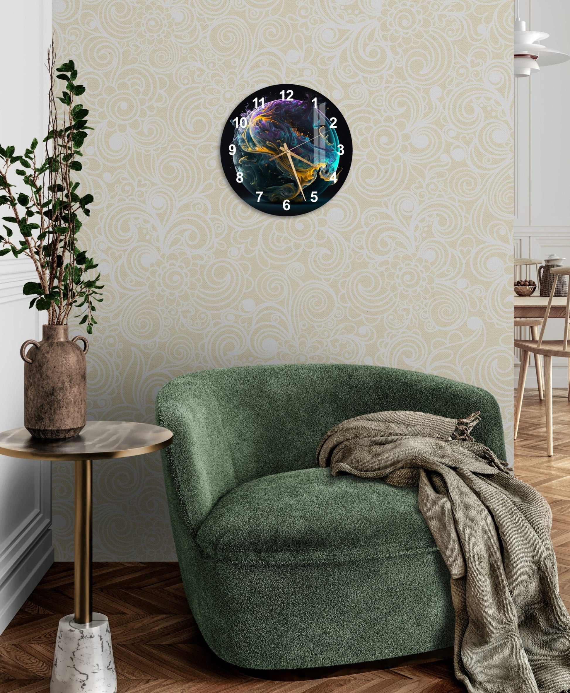 a living room with a green chair and a clock on the wall