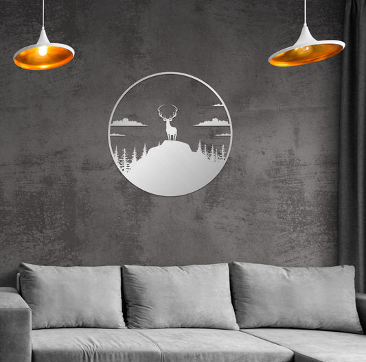 Deer Metal Wall Art - Forest Mountain Nature Style Large Metal Wall Decor