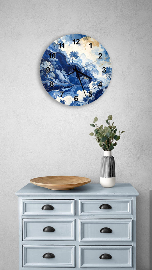 a wall clock with a blue and white ocean wave design, mounted on a wall above a light blue dresser with six drawers. The dresser also has a vase with greenery and a wooden tray on top.