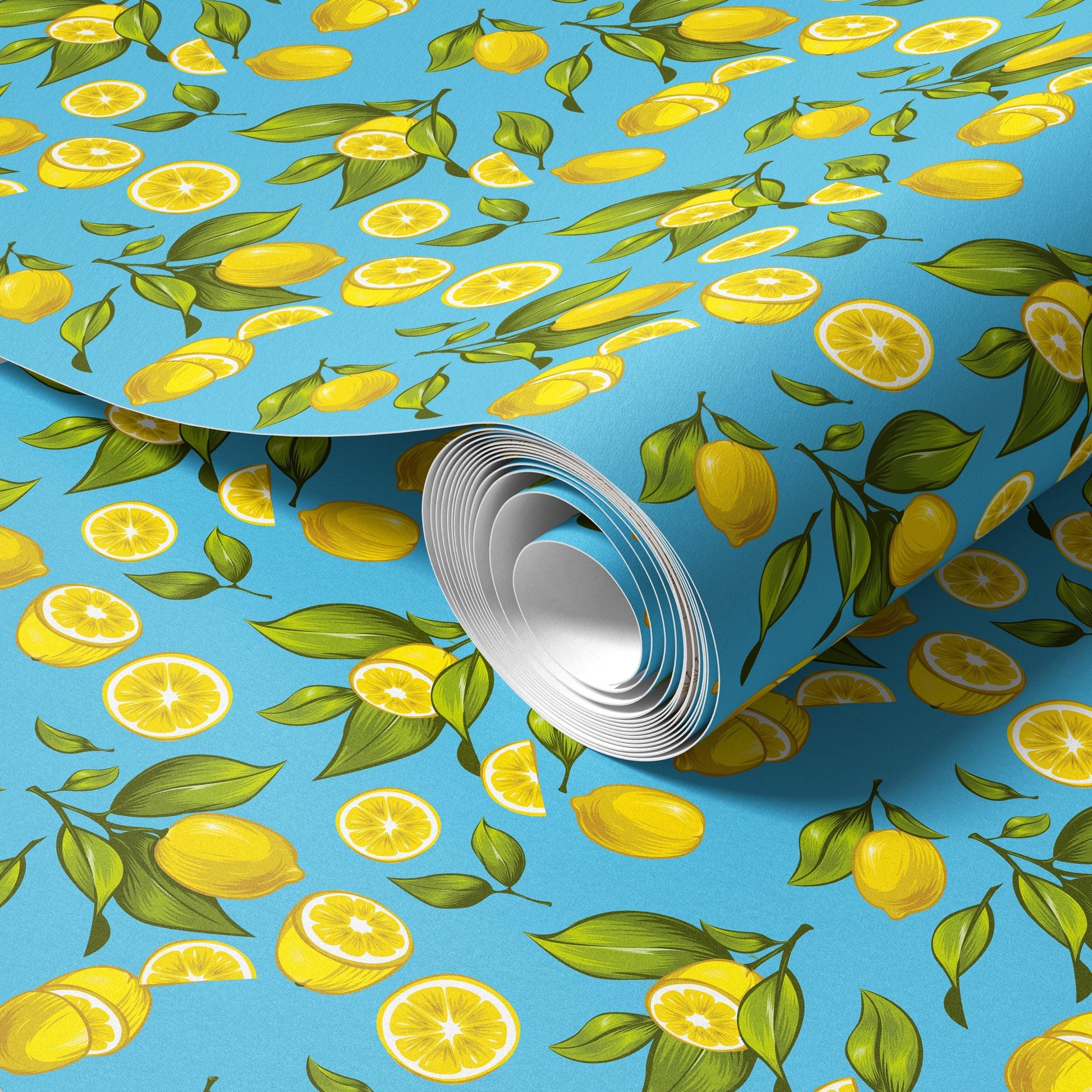 a vibrant pattern of lemons and leaves on a blue background.