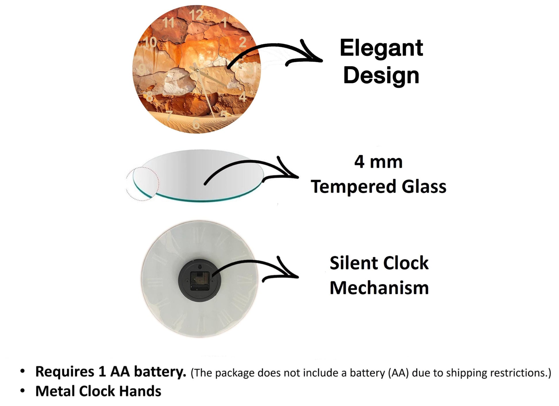 The image is a diagram comparing three different clock mechanisms, each with its own unique features. The first clock mechanism is an elegant design that requires a 1 AA battery, as indicated by the text. The second clock mechanism is a 4 mm Tempered Glass, which is a silent clock mechanism. The third clock mechanism is a metal clock hands design, which does not require a battery (AA) for operation.