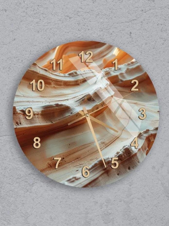 six round wall clocks with different designs, arranged in a grid pattern on a gray wall.