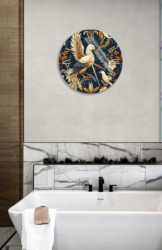 Tempered Glass Wall Clock - Blue Eagle Floral Design, Silent Sweep Movement