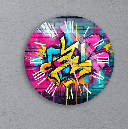 Glass Wall Clock – Tempered Glass, Colorful Graffiti Art, Silent Mechanism