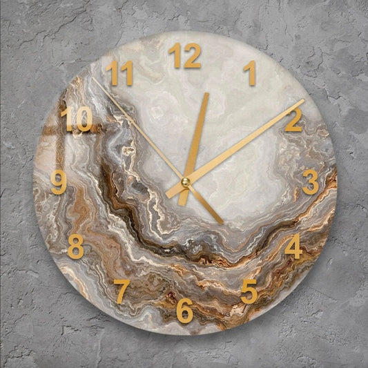 Glass Wall Clock - Marbled Style Tempered Glass | Silent, Scratch Resistant Gold