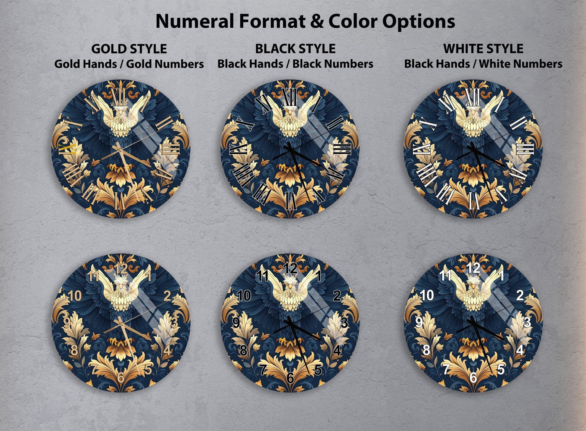 six round wall clocks with ornate designs in shades of blue and gold. The clocks have different styles, including gold hands and gold numbers, black hands and black numbers, and white hands and white numbers.