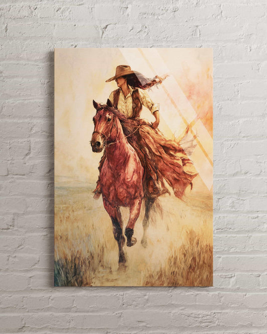 Western Cowgirl Wall Art – Rustic Ranch Decor Tempered Glass Equestrian Print