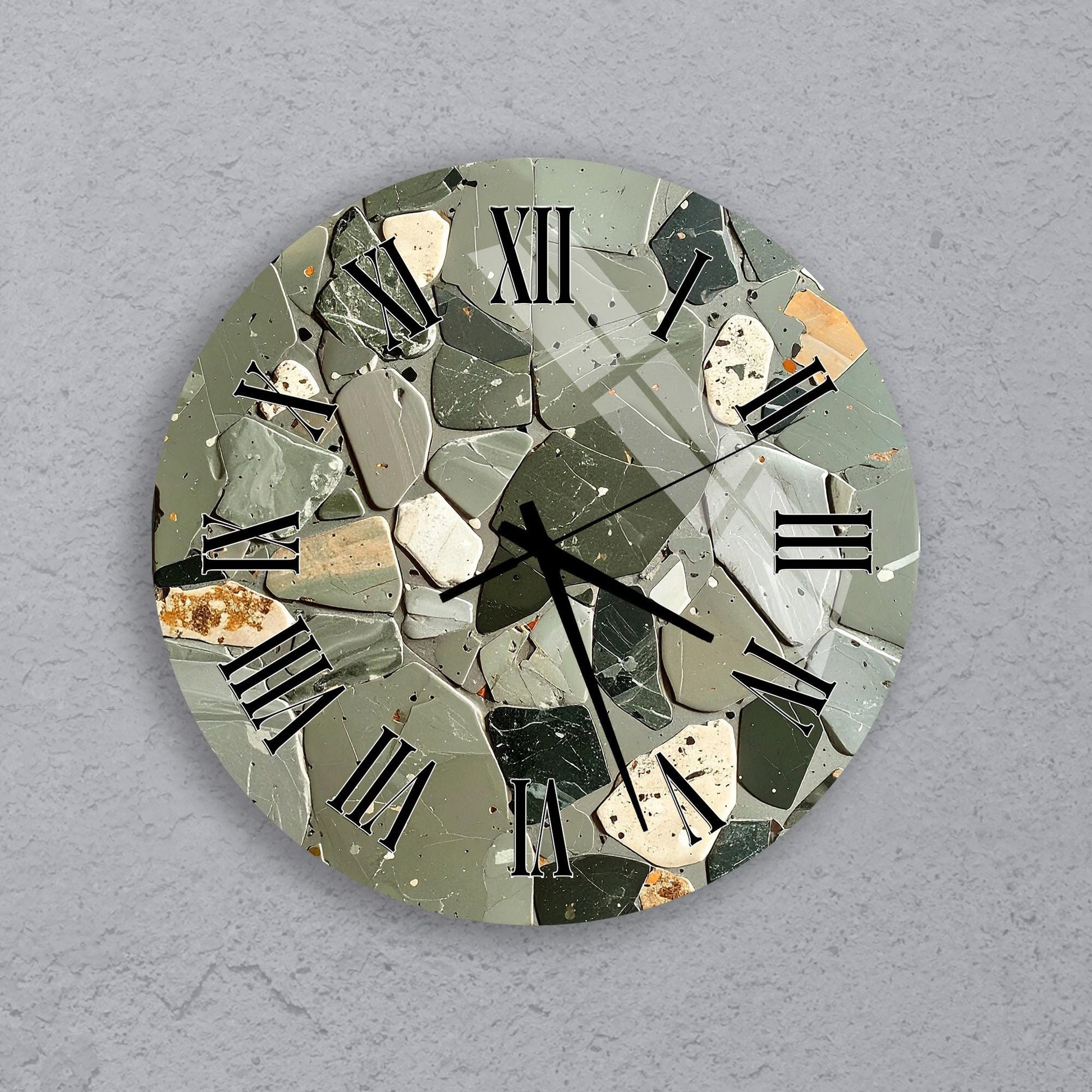 a clock with a mosaic-like design made up of various materials, including stone, glass, and metal.