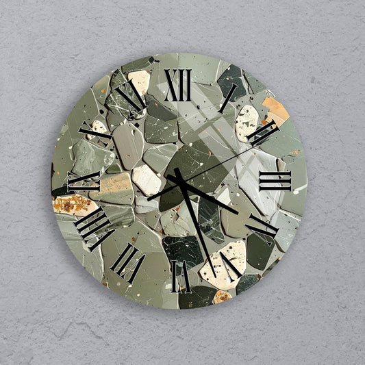 a clock with a mosaic-like design made up of various materials, including stone, glass, and metal.