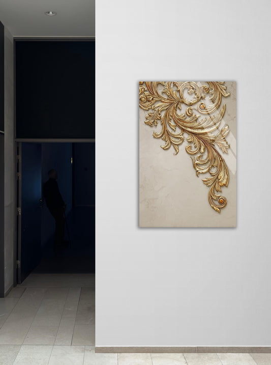 Gold Baroque Wall Art – 3D Acanthus Print Luxury Glass Decor With Ornate Scrollwork