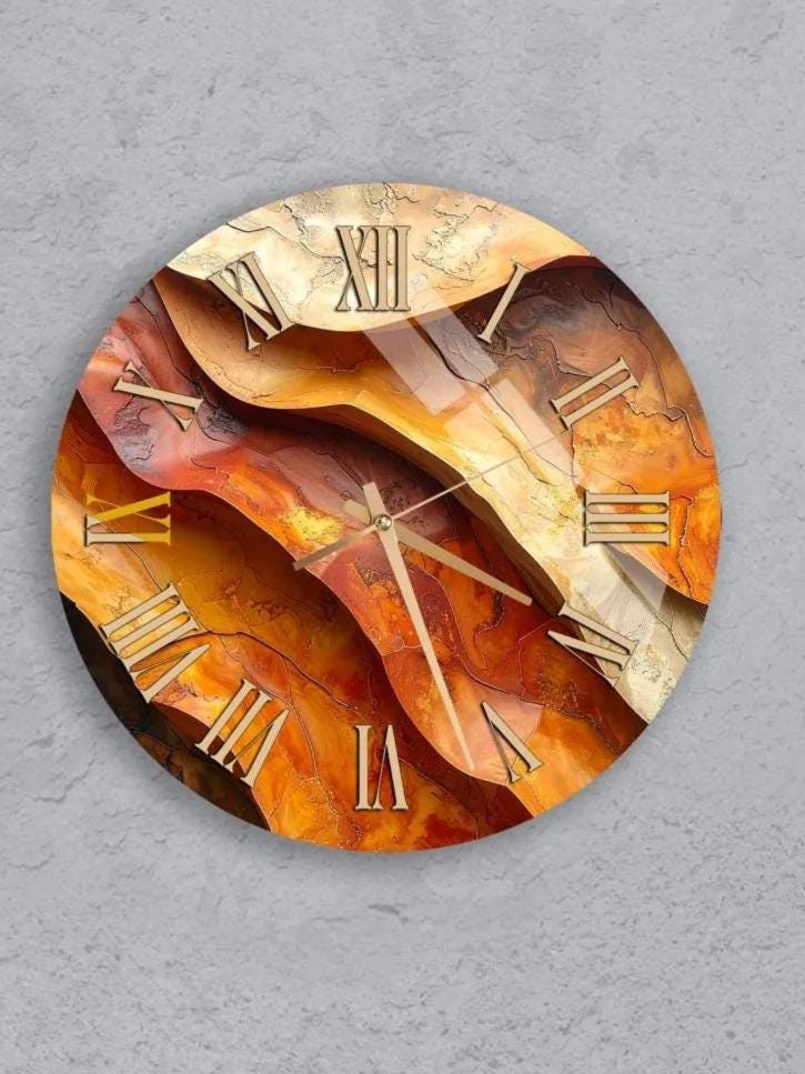 six circular wall clocks with unique designs, each displaying a different time.