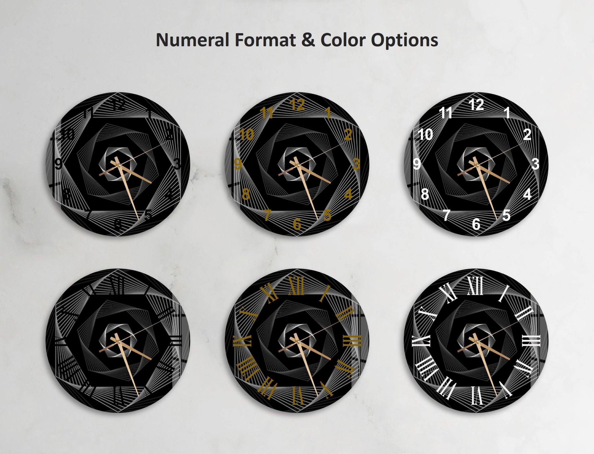 a set of four black and gold clock faces