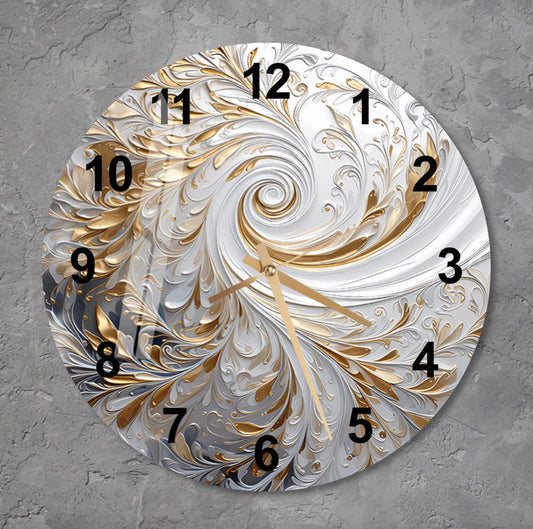 a white and gold clock with numbers on it