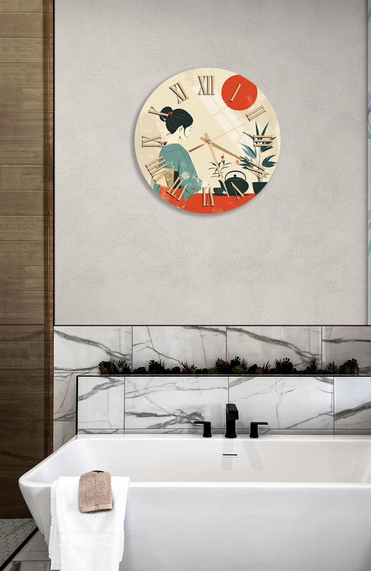 Tempered Glass Wall Clock - Japanese Geisha Art | Gold Roman Numerals | Elegant Decor