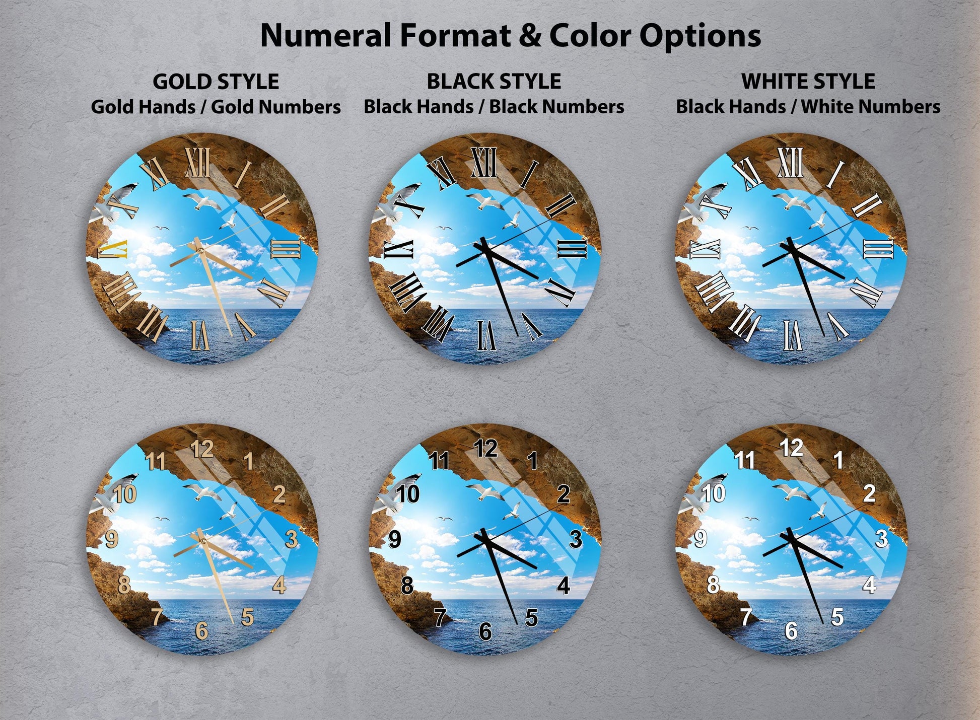 a collection of six clock faces, each with a different color and style, arranged in a grid. The clocks feature various color schemes and styles, including gold hands, black hands, and white hands. The clocks are set against a backdrop of a seascape, adding a coastal element to the design.