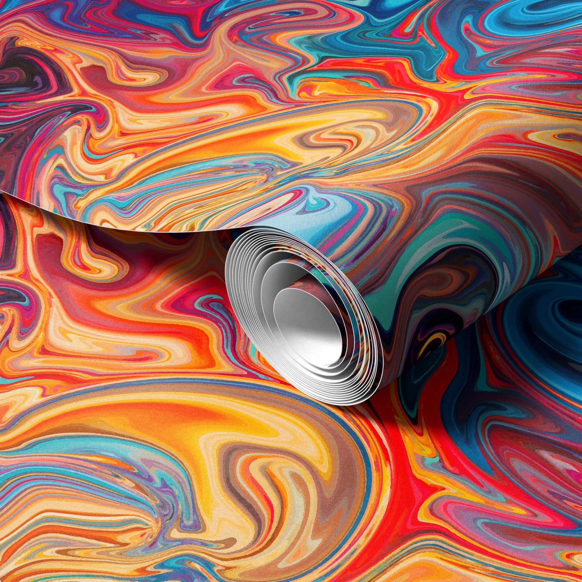 The image is a vibrant and abstract collage featuring swirling patterns of color and shape, creating a dynamic and visually striking composition.