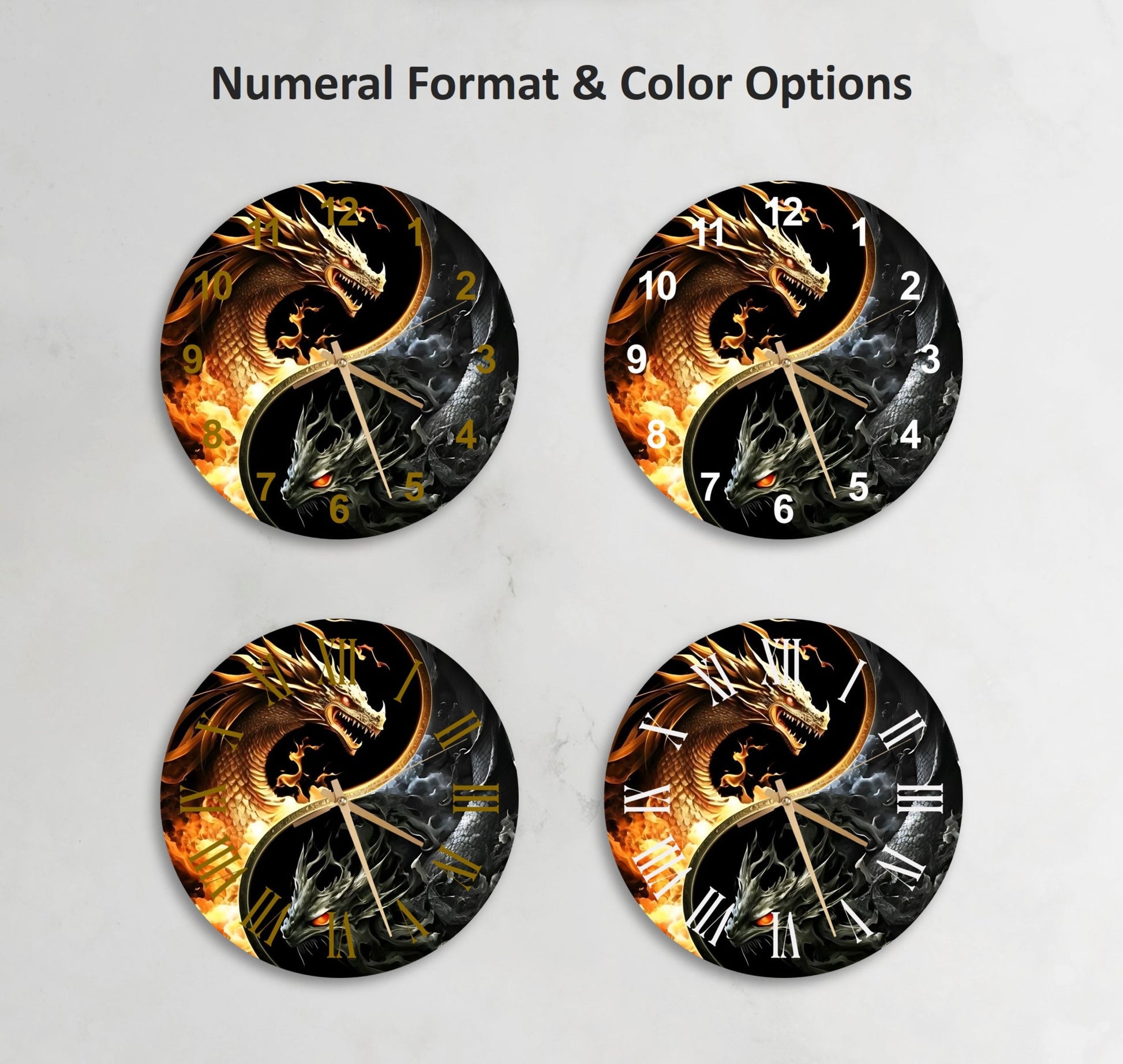 four clocks with a dragon design on them