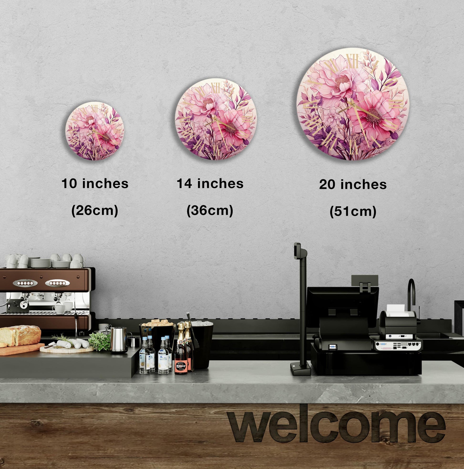 a coffee shop with a coffee machine and a wall mural