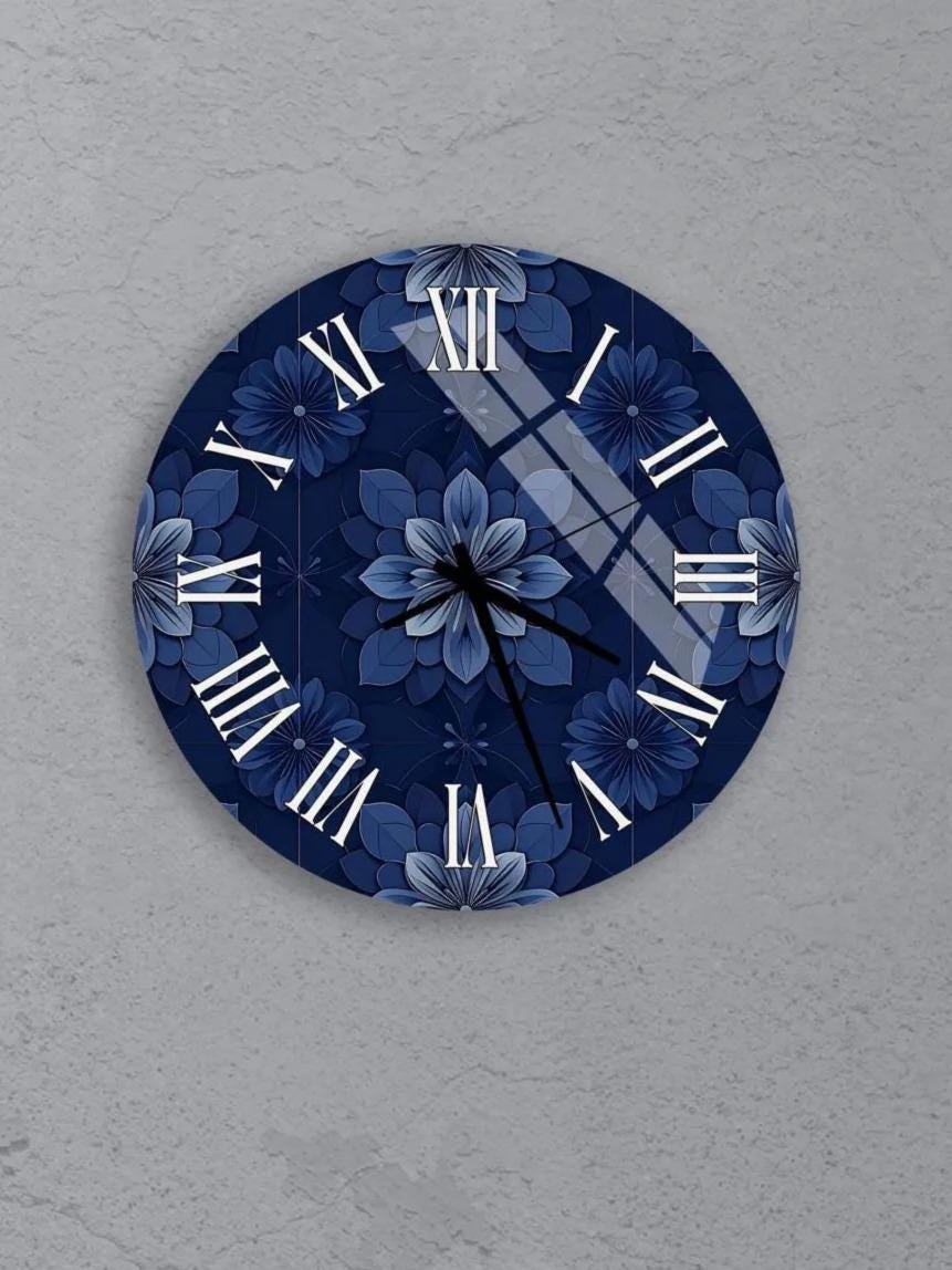 six blue wall clocks with floral designs, arranged in a grid pattern on a gray background.