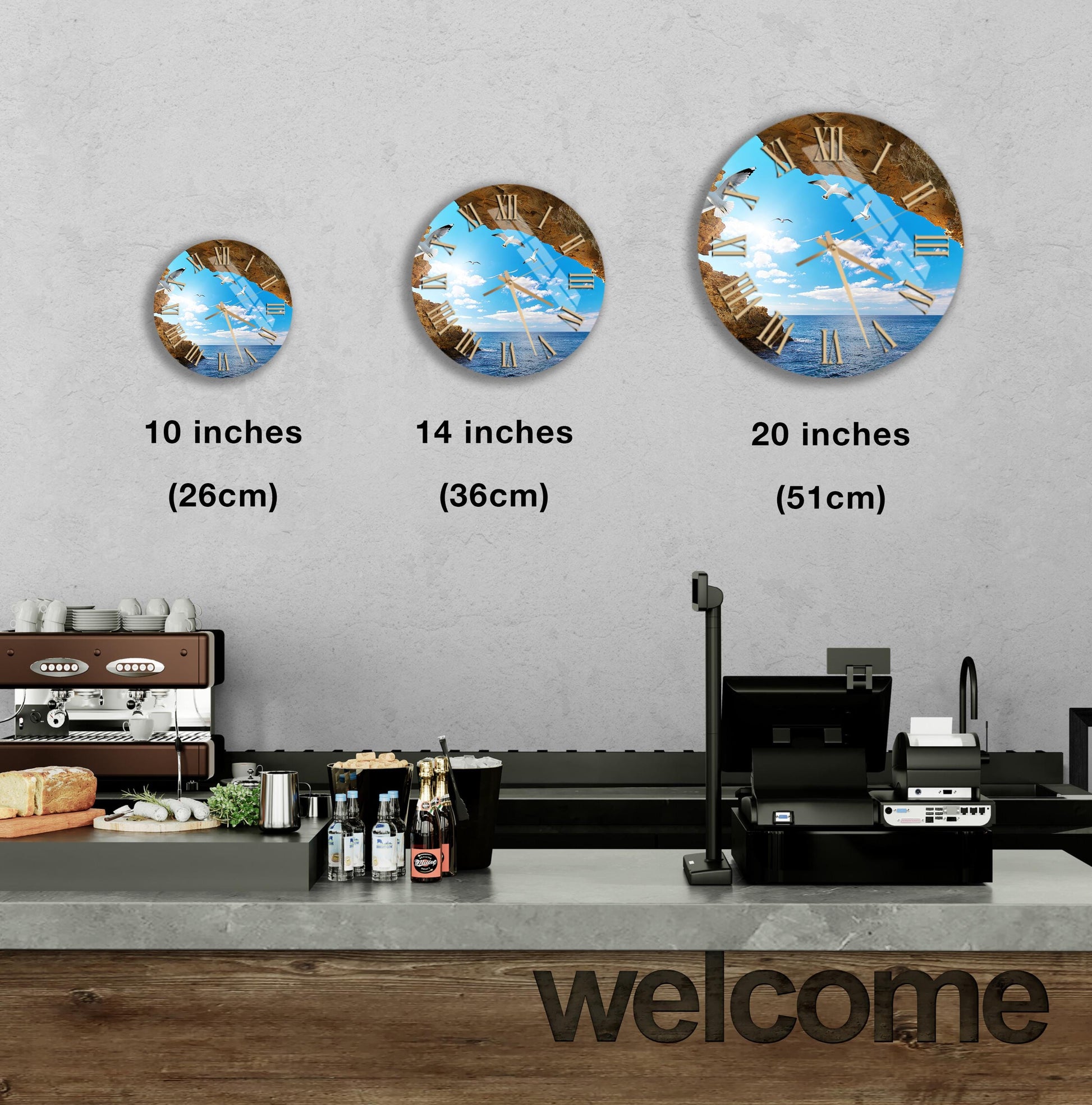a counter with a cash register, a coffee machine, and a welcome sign. There are three clock images displayed on the wall, each representing a different size: 10 inches, 14 inches, and 20 inches.